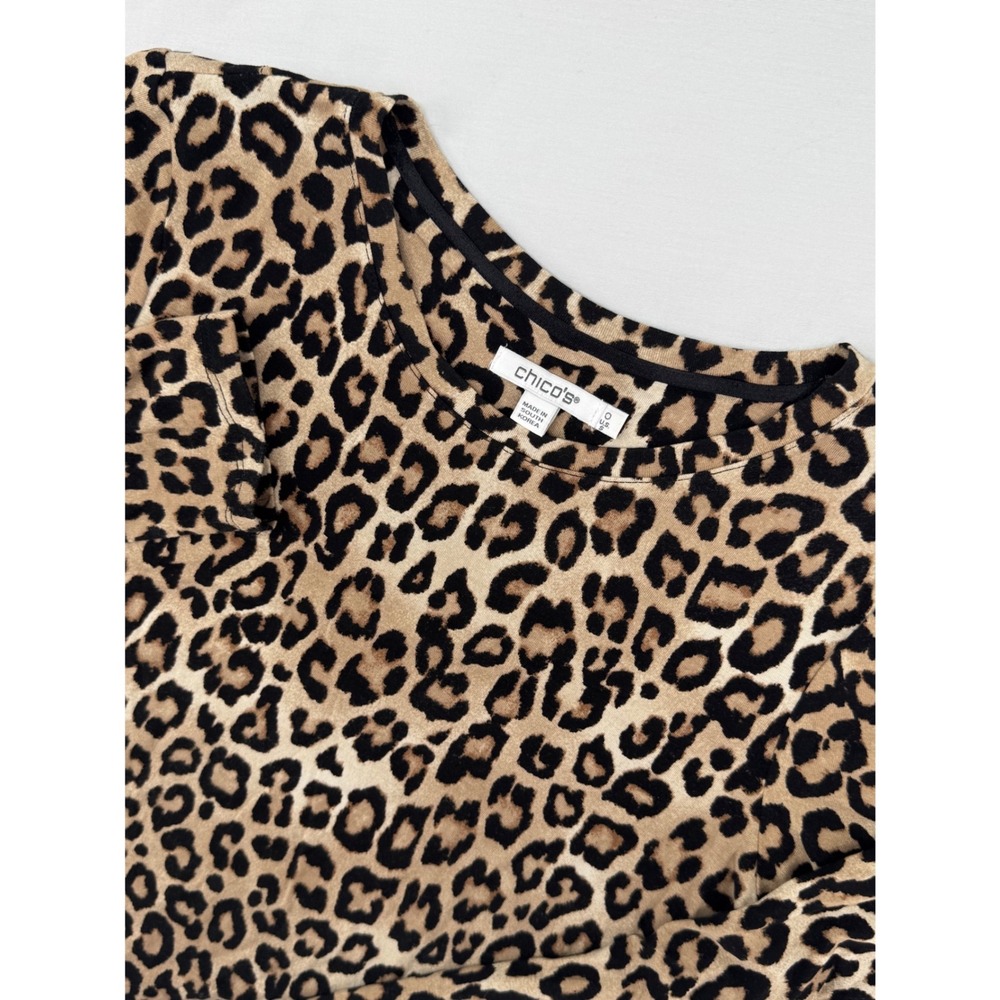 Chicos Leopard Print Long Sleeve Top Size 0 Women's Small Tan Black